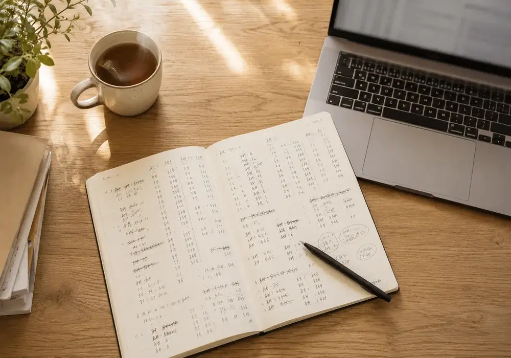 Jasny drewniany blat widziany z góry: otwarty notes z ręcznymi zliczeniami, długopis, kubek i laptop